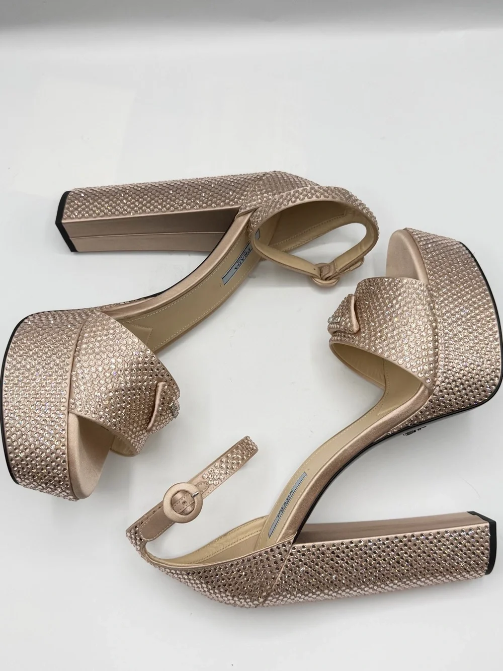 NIB Prada Crystal Rhinestone Embellished Ninfea Nude Pink Satin Platform Heels